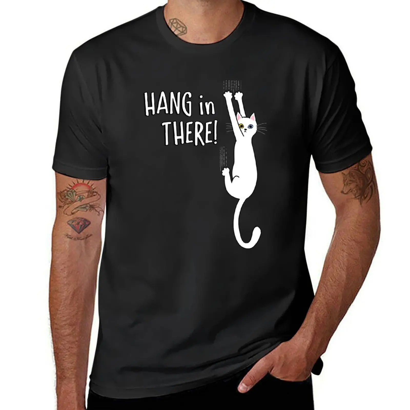 White Cat Holding on with Claws - Hang in There! T-Shirt customizeds aesthetic clothes t shirts for men graphic