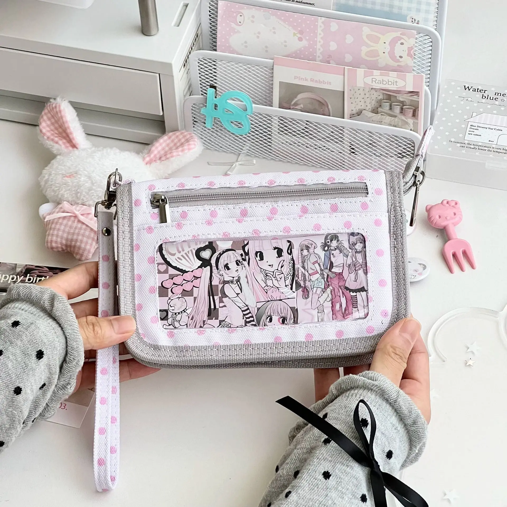 Korean Style Gray Pink Polka Dot Denim Folder Cute Student ID Card Storage Office Supplies Organizer