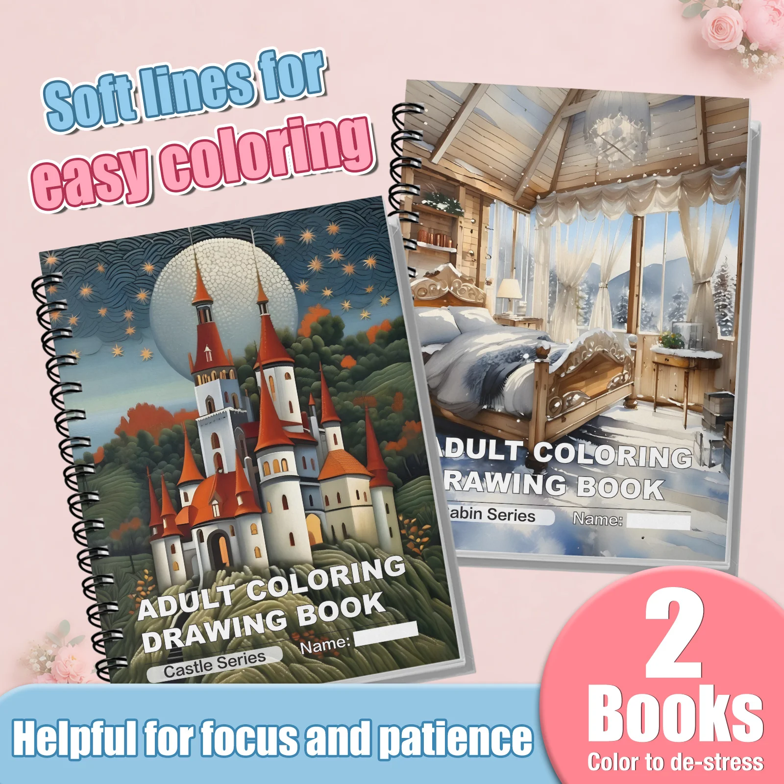 Castle & Cabin Adult Coloring Book Set 2-Pack: Top Spiral Bound Fantasy Coloring Drawing Books, 8.27 x 8.27 in, 30 Pages Each view 2