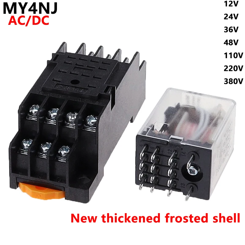 10set MY4NJ HH54PL AC/DC 12/24/36V/48V/110/220V/380V Coil 4NO 4NC Green LED Indicator Power Relay DIN Rail 14 Pin Base