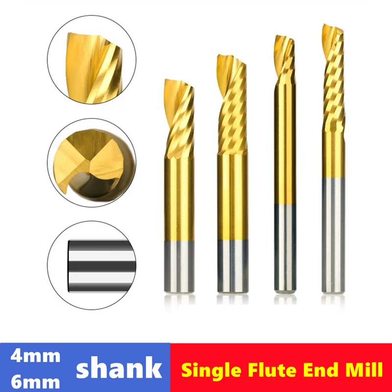 TIN Single Flute End Mill 4mm/6mm shank  Spiral Router Bits HRC60°for Cut Wood/Plastic 1 Flute CNC Milling Cutter