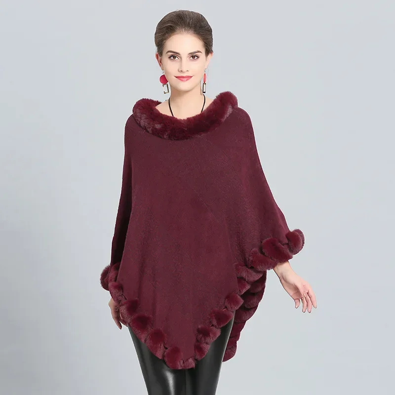 9 Colors Fashion Women Warm Winter Jacquard Weave Poncho Cloak Faux Cashmere O Neck Cape String Fur Triangle Knitted Streetwear