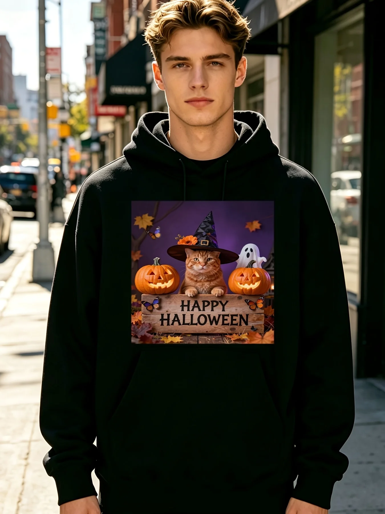 Witch Hat Orange Cat, Luminous Jack-o-lantern, Cute Maple Leaf, Happy Halloween Logo, Men's Casual Hooded Sweater Jumper, Machine Washable Long Sleeves, Suitable for Casual Dress, Extended and Large Size