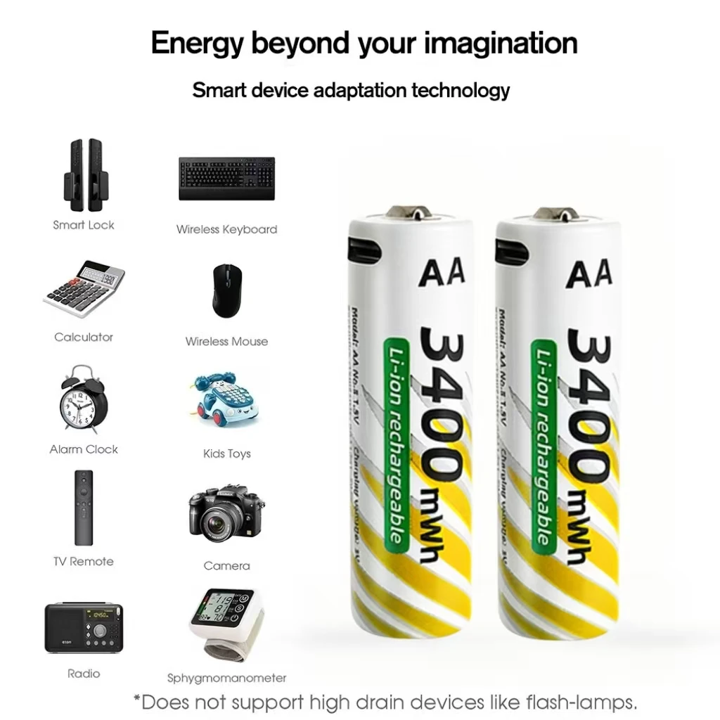 USB-C Rechargeable AA & AAA Battery Set 3400mWh AA 900mWh AAA Lithium for Flashlights Electric Toothbrushes Gadget