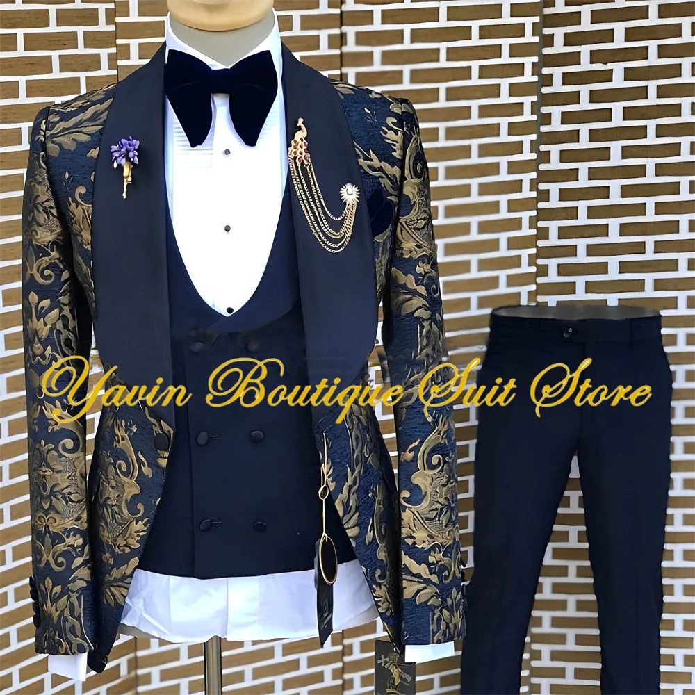 Fashion Gold Floral Men Suit 3 Pieces Lapel Jacquard Jacket Pants Vest Set Wedding Groom's Tuxedo Formal Party Men's Blazer