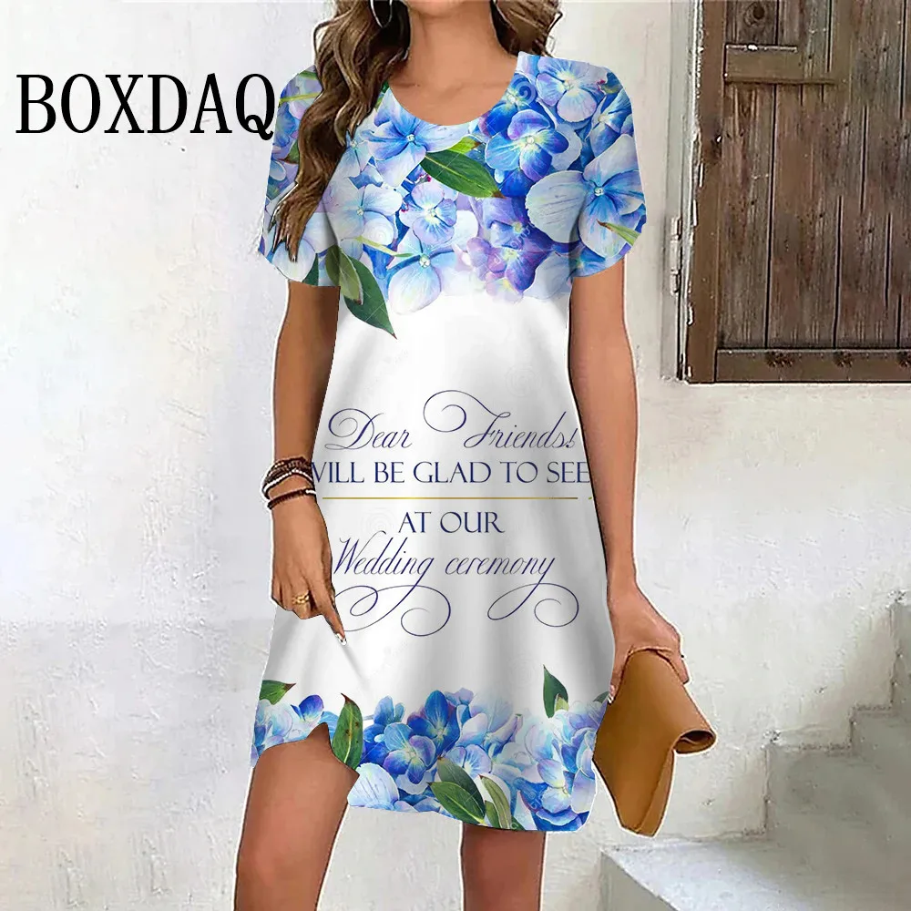 

2024 New Women Dress Summer Vintage Letter Painting Flower Dress Short Sleeve Pullover Casual Print Mini Dress Oversize Sundress