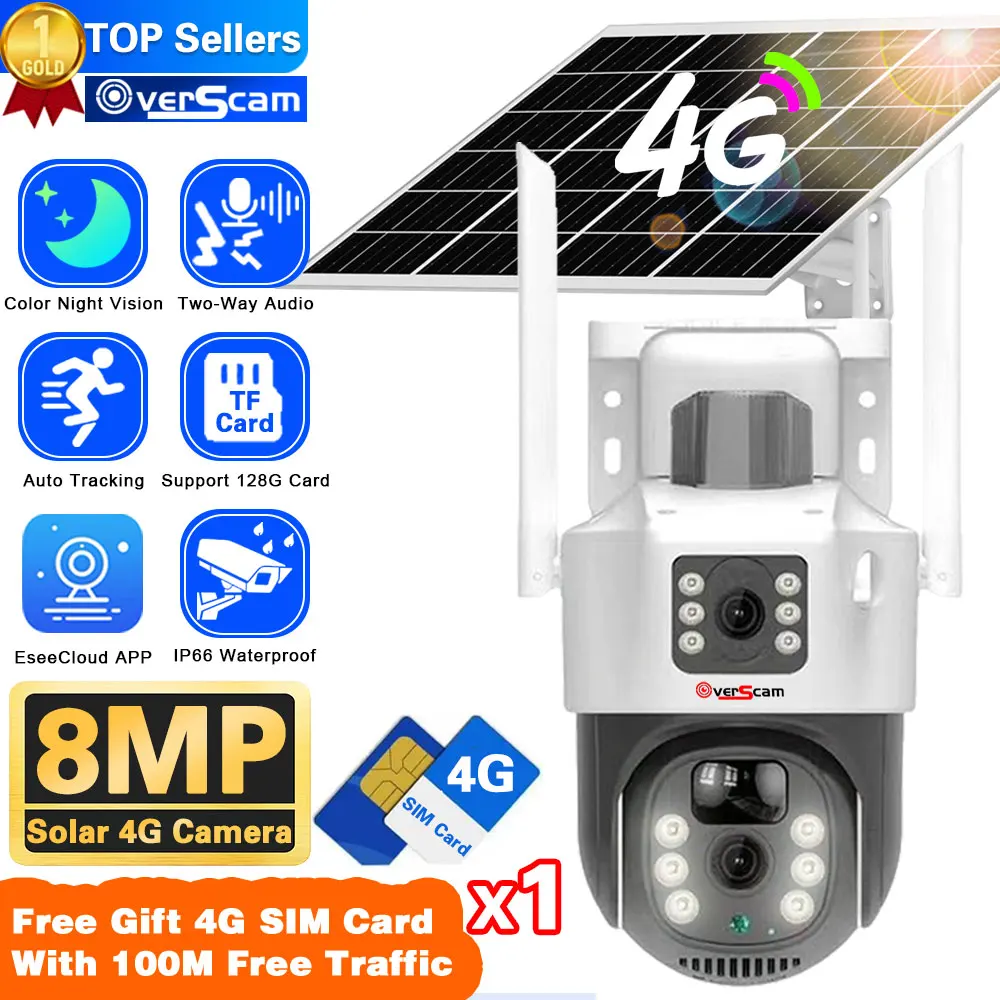 

4K 8MP PIR Solar Battery Camera 4G Sim Dual screens Outdoor Solar CCTV IP Camara Alarm Humanoid Tracking 4G Surveillance Camera