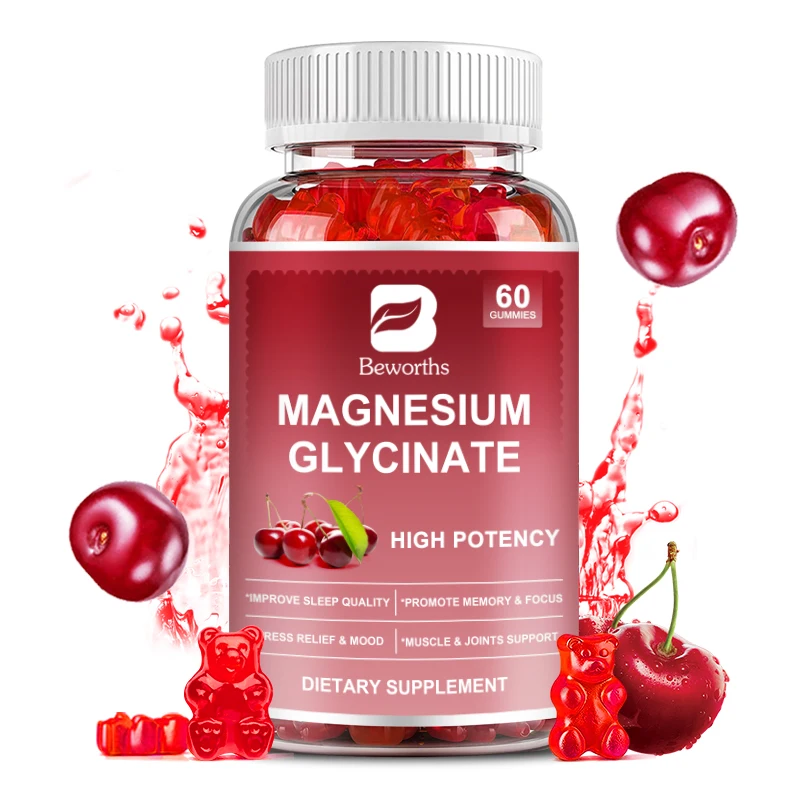 

60PCS Glycine Magnesium Gummies 70mg-Sugar Free Magnesium Potassium Supplement with Vitamin D&CoQ10 for Adult Calm Support Sleep