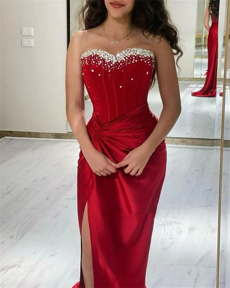 Gogerous Red Satin Evening Dresses Crystals Mermaid Prom Dresses Formal Prom Gowns Side Slit 2024 Saudi Arabric For WomenCL-739