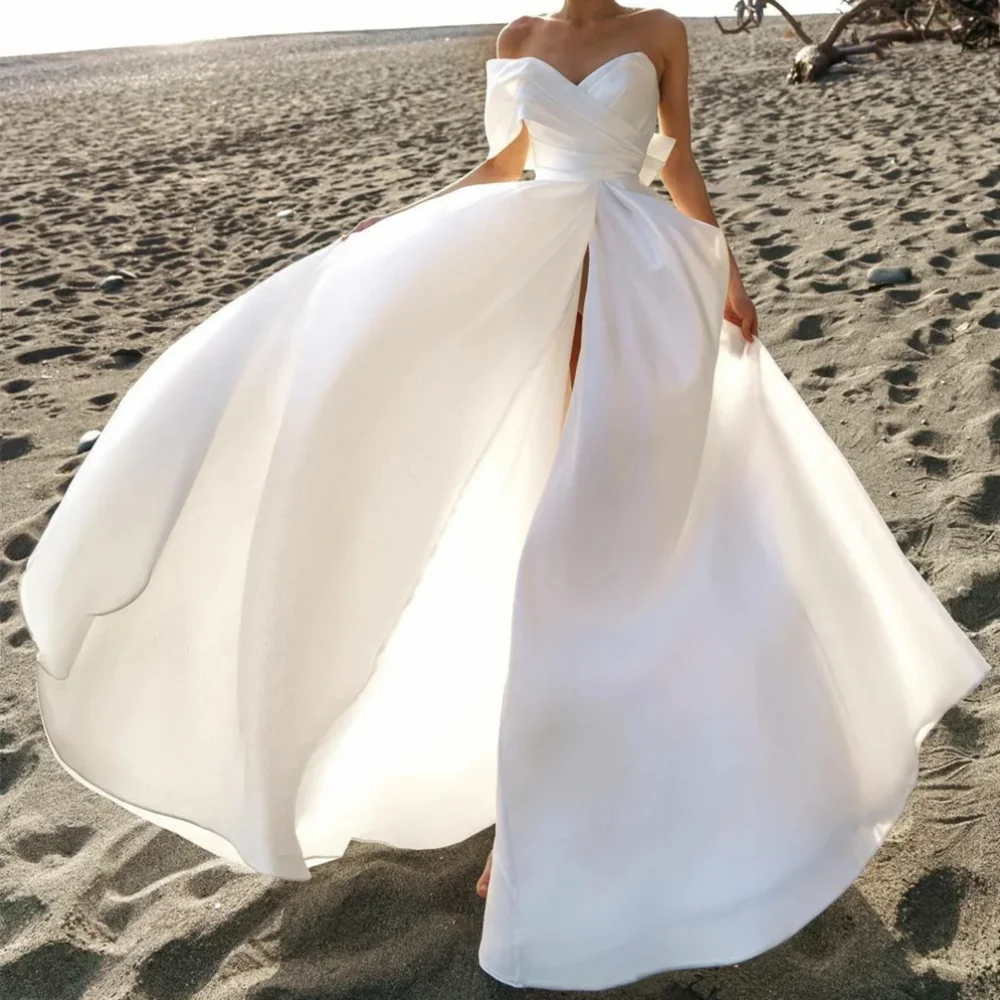 

Long Ivory One Shoulder Satin Wedding Dresses Short Sleeves with Slit A Line Floor Length Vestidos De Novias 2024