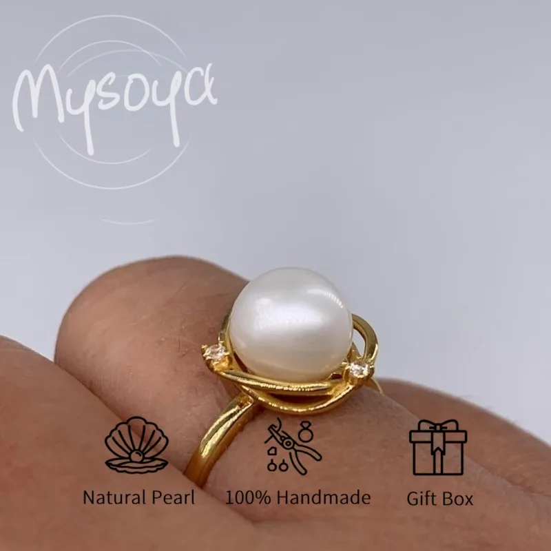 

MYSOYA White Freshwater Pearl Ring 8-9mm With Gift Box For Her/Him Birthday/Wedding/Christmas/Anniversary Gift