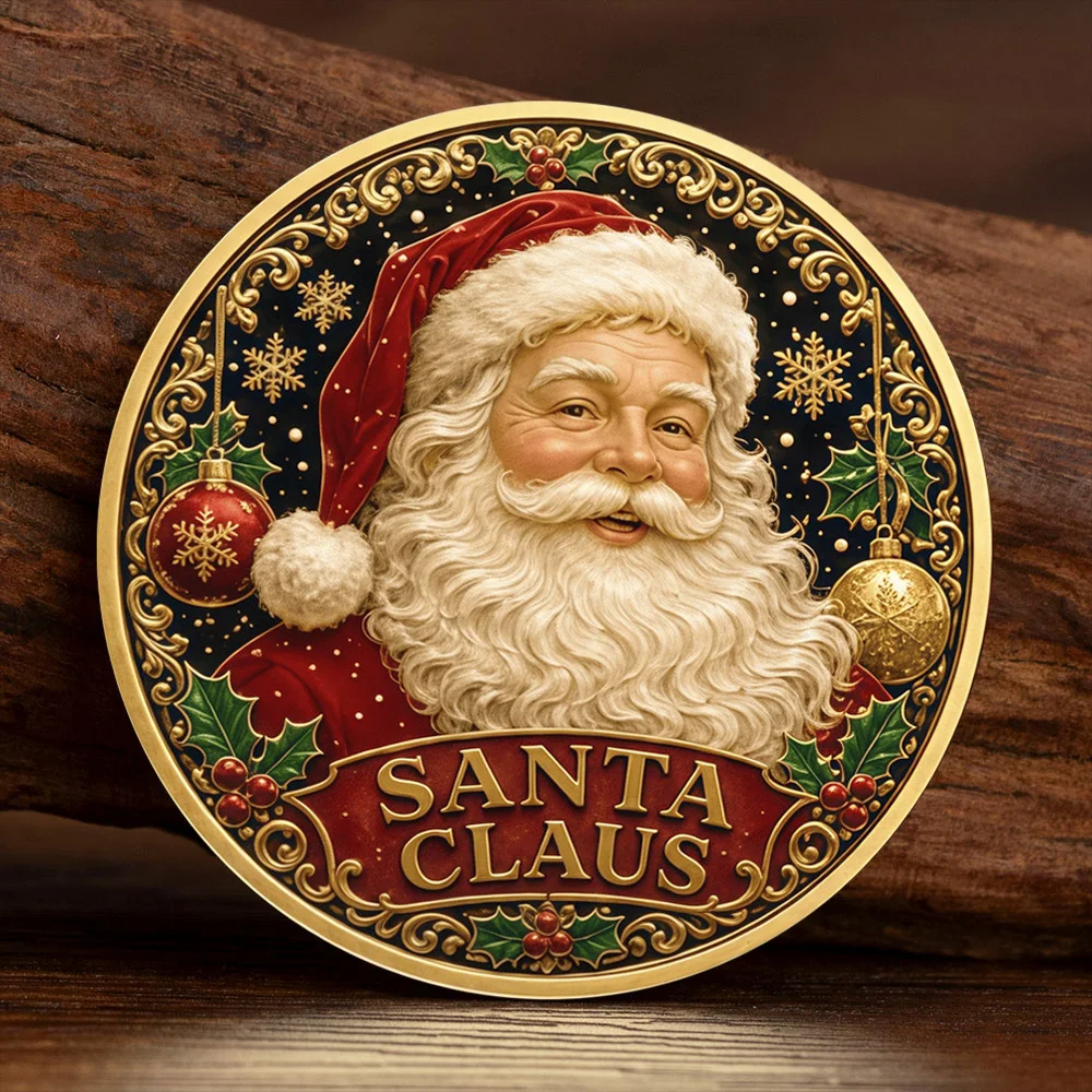 Double‑Sided Santa Claus Christmas Commemorative Coin Gold Plated Collectible Coin Holiday X‑mas Gift Home Decoration