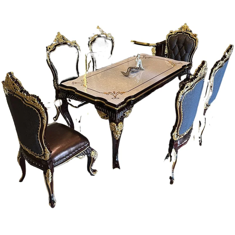 

European French dining table and chairs 6 people combination home restaurant neoclassical rectangular solid wood carving