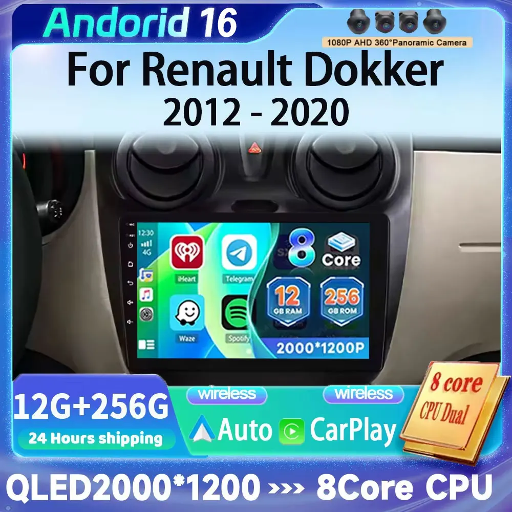 Android 16 Carplay Auto WIFI+4G For Renault Lodgy Dacia Dokker 2012-2020 Car Radio Multimedia Video Player Navigation GPS Stereo