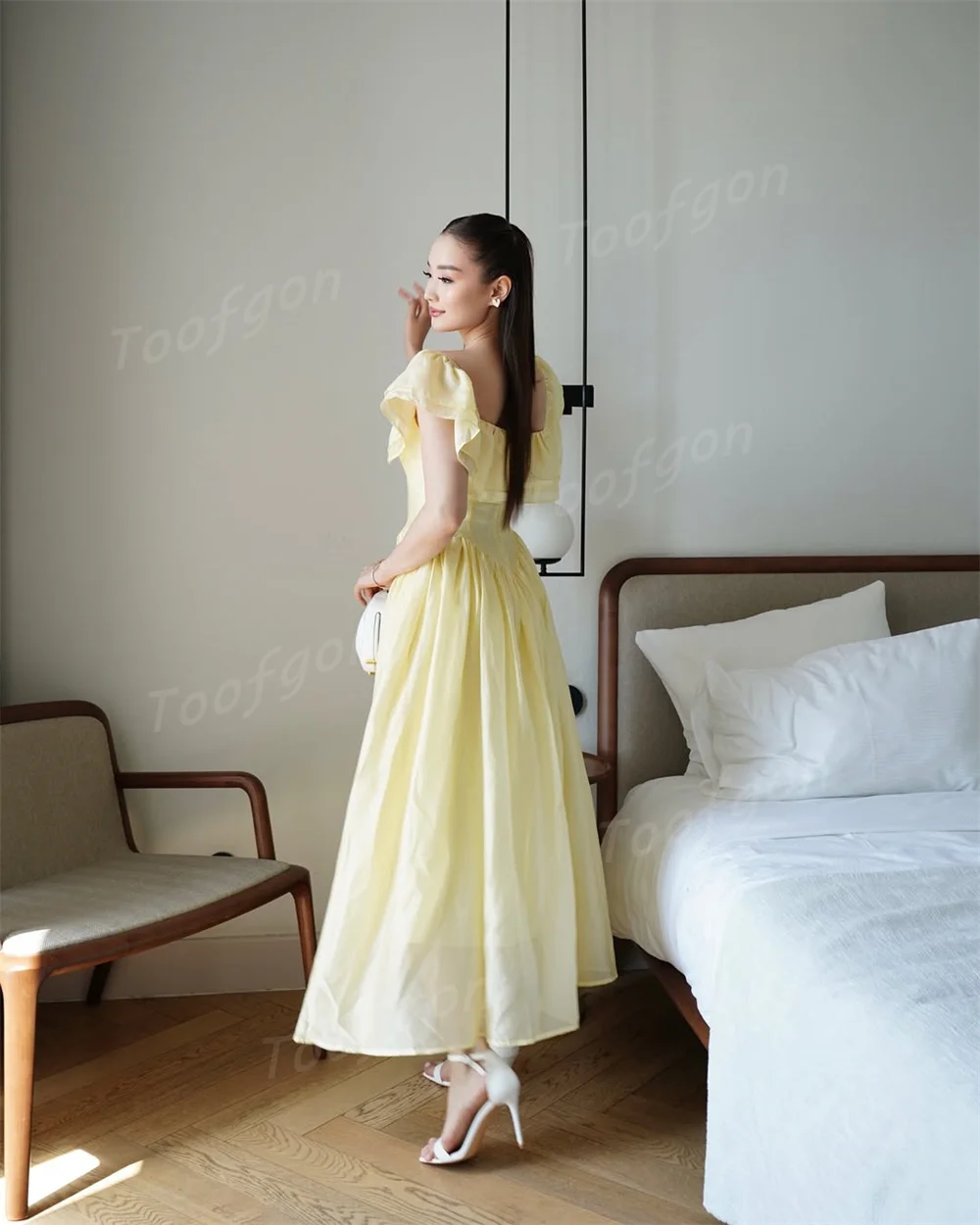 Toofan с оборками, желтые вечерние платья трапециевидной формы, вечернее платье длиной до щиколотки по индивидуальному заказу, специальное платье для выпускного вечера знаменитостей с короткими рукавами