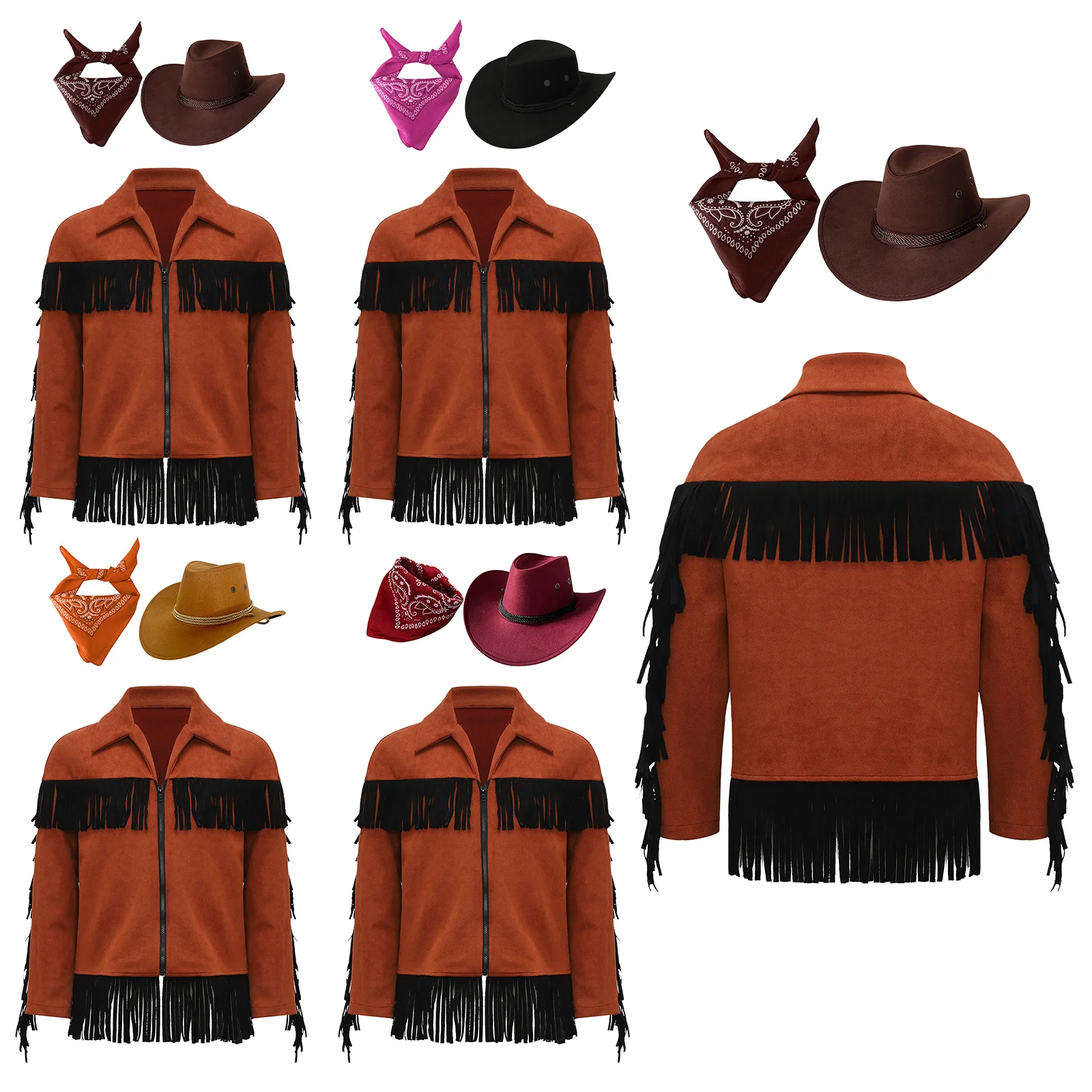 Boys Girls Western Cowboy Cosplay Costume Halloween Outerwear Long Sleeve Jacket Coat with Bandanna and Cowboy Hat Sets Dress Up