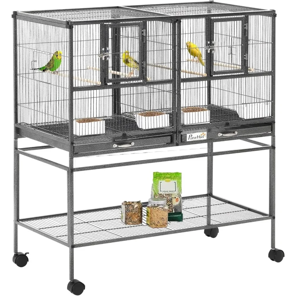 Bird Cage with Detachable Metal Tray, Storage Rack, Wooden Perch, and Food Container with Rolling Frame，Bird Cage