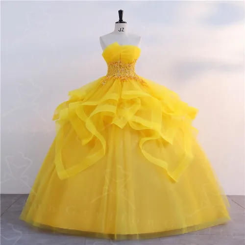Imagen 2 del producto Nuevo vestido de quinceañera dorado, clásico, sin tirantes, para baile de graduación con foto Real, brillante, Formal, de lujo, Moderno