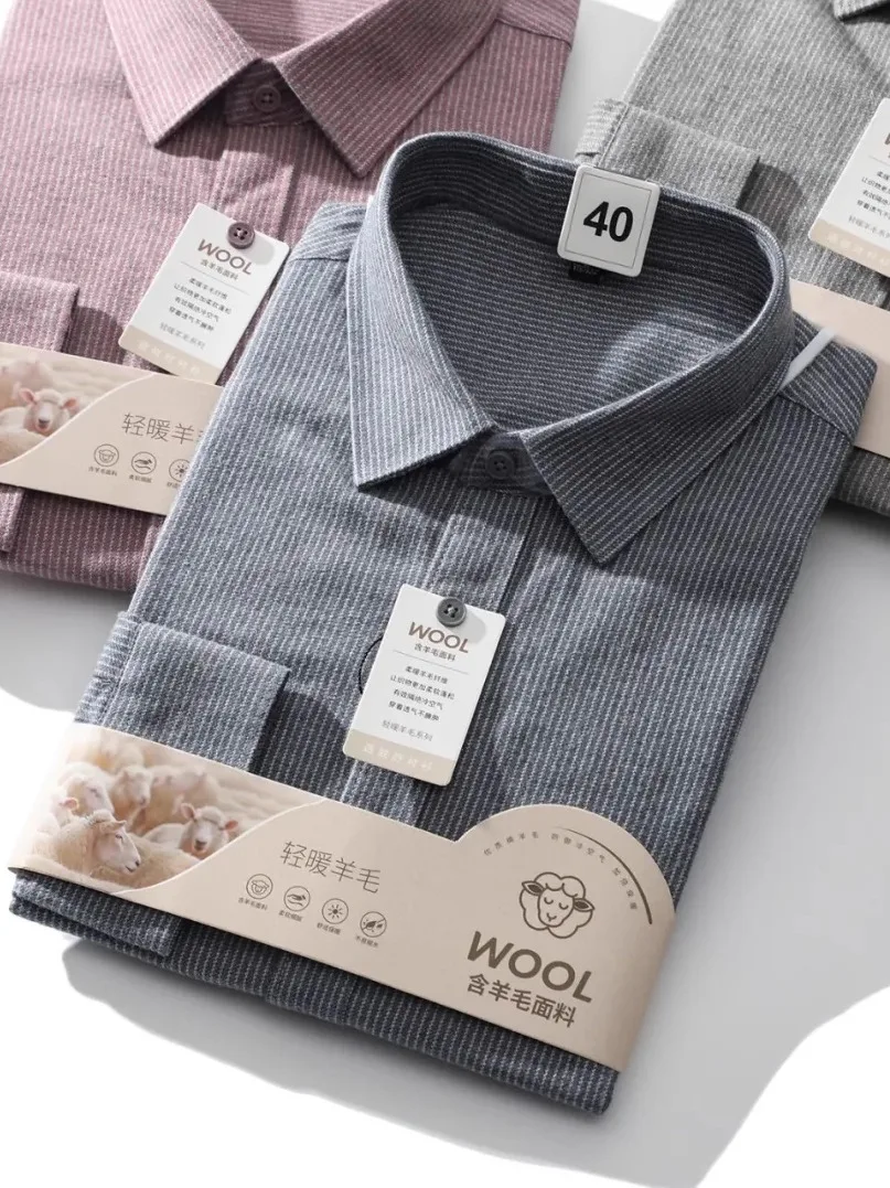 

Men's Modal Wool irt Thiened Brued Striped Casual Busin Top Cotton Modal Wool Blend Autumn Winter Collar Long S...