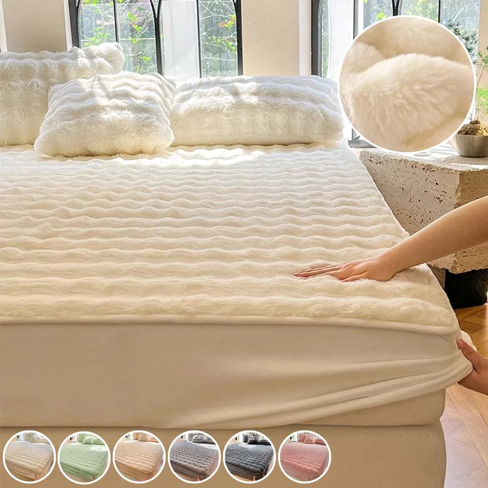 

Fluffy Thermal Mattress Cover Plush Fitted Sheet Winter Bed Cover Pillowcase for Single Double King Queen Bed Drap Housse180x200