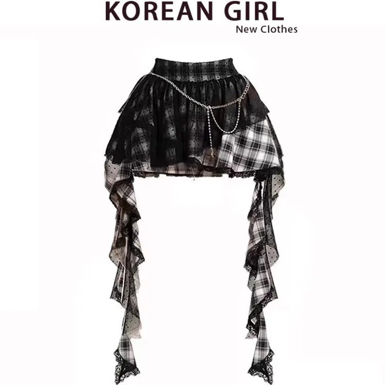 

Летняя юбка в горошек, нерегулярная юбка для девочек, пышная юбка с дизайном Y2K, кружевная юбка с высокой талией для поездок на работу