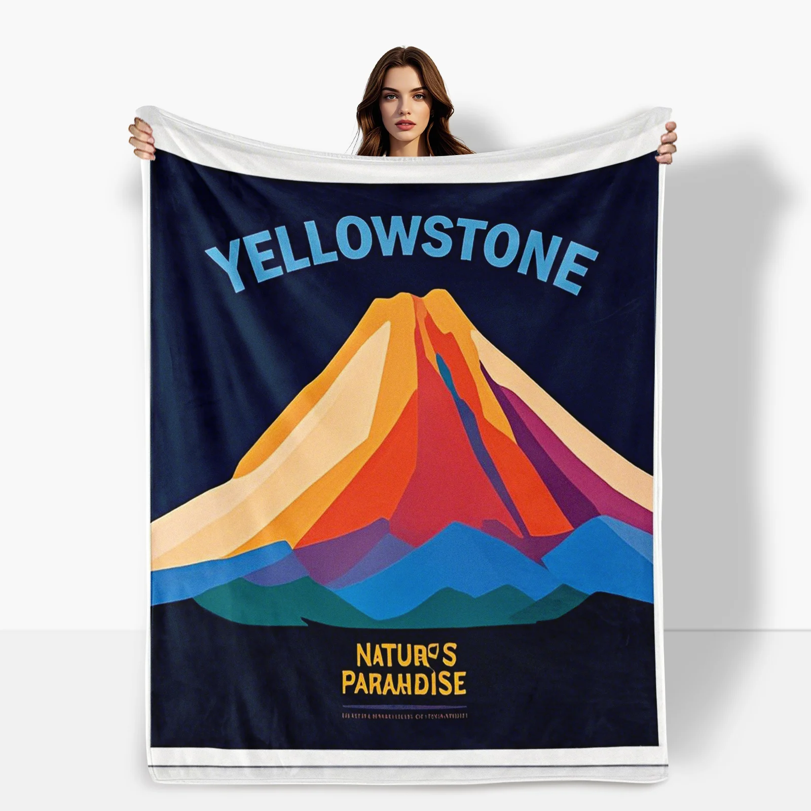 Yellowstone Park Volcano Blanket With Blue Background And Rainbow Design For A Vibrant And Nature Inspired Addition To Your Home