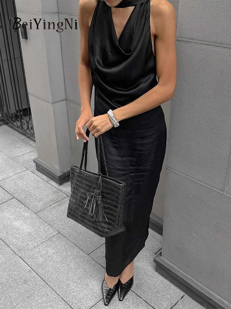 Beiyingni 2025 Elegant High-end Halter Long Dresses for Woman Black Plain Satin Slim Waist Pack Hip Dress Women Sleeveless Robes