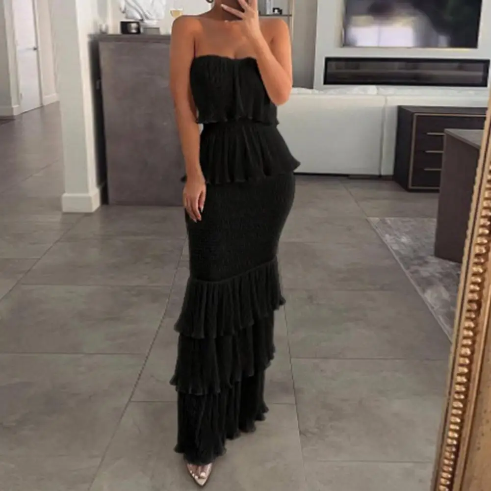 Banquet Long Dress Elegant Off Shoulder Maxi Dress Pleated Ruffle Backless for Cocktail Parties Banquets Proms Women Tube Top