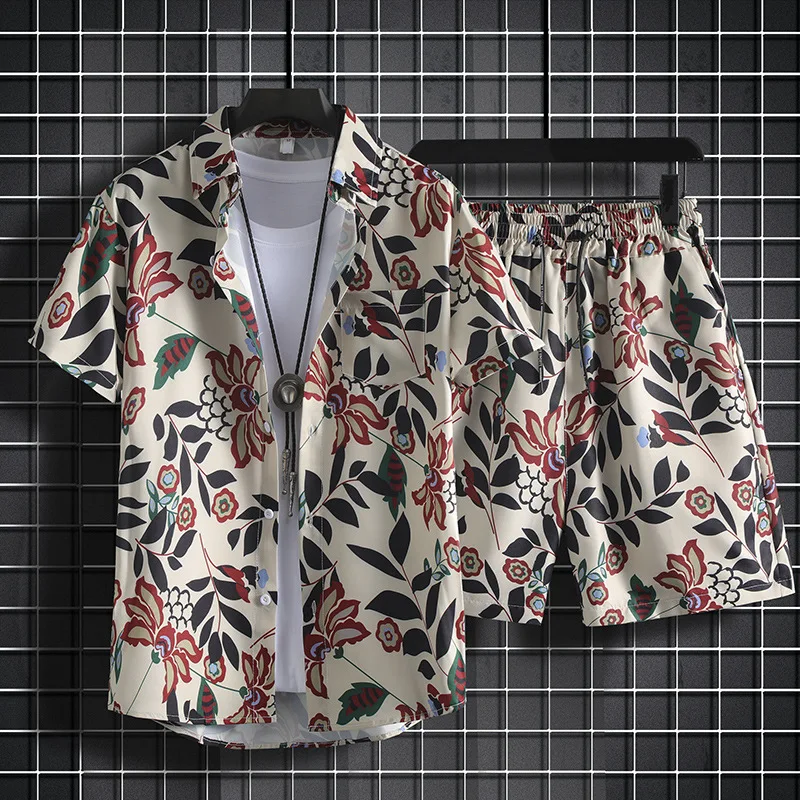 Fashion Youthful classical style flower leaf 3D Print shirt +Shorts Short Sleeve Flip collar shirts half pants Two Piece Set