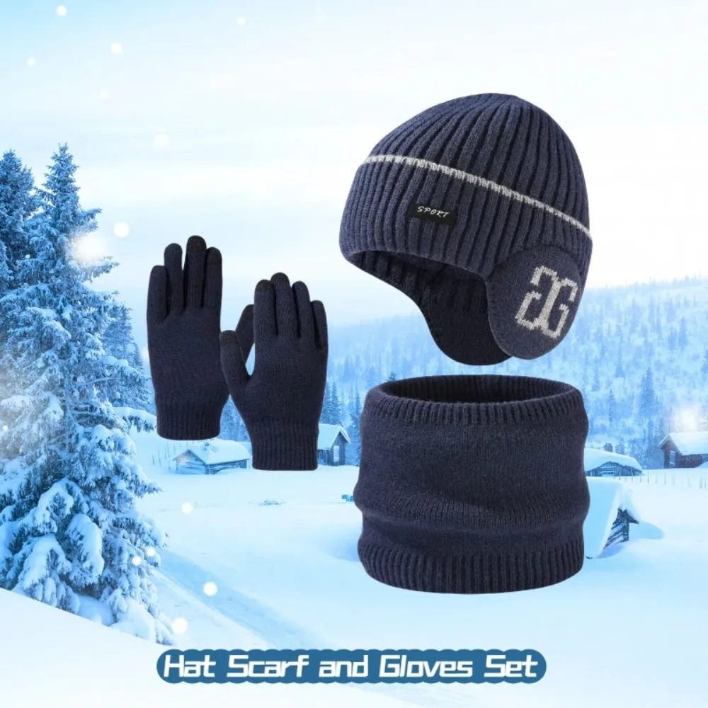 Winter Thicken Hat Scarf and Gloves Set,Mens Thermal Fleece Lined Slouchy Beanie Neck Scarves Gloves,3 in 1 Warm Set