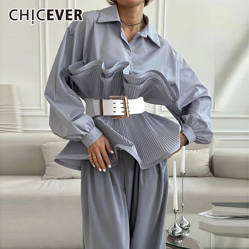 CHICEVER Tunic Folds Shirts For Women Stand Collar Long Sleeve Patchwowk Ruffles With Belt Solid Fashion Spring Blouse Female