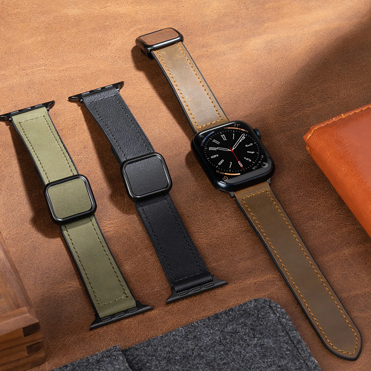 Genuine Leather Strap Compatible with Apple Watch 49mm 45mm 44mm 41mm 40mm Silicone Magnetic Band for iWatch 9 8 7 6 5 SE Ultra