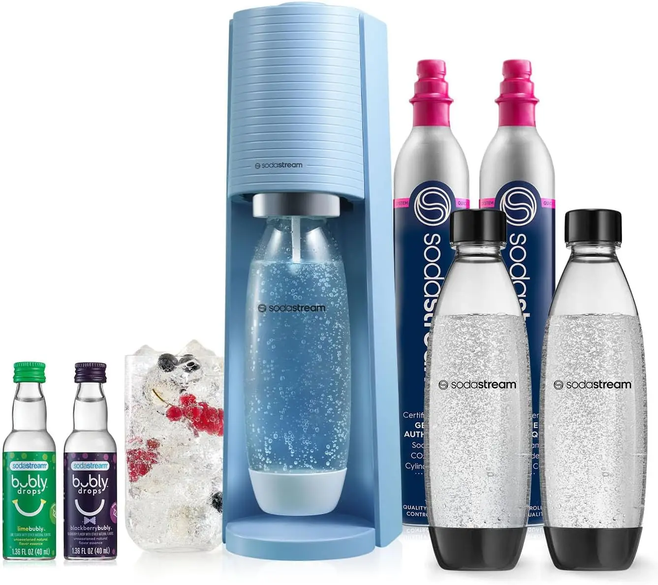 Terra Sparkling Water MakerCQC CO2 system | Includes 2x CO2 Cylinders, 3x 32 Fl Oz Dishwasher Safe Bottles, 2x Bubly Flavor Drop