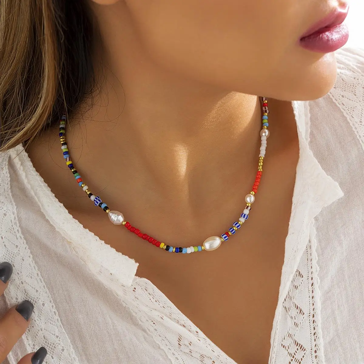 

Creative Color Colion Rice Bead String Nelace Women's Simple Geometry Imitation Pearl Single Layer Nelace Jewelry