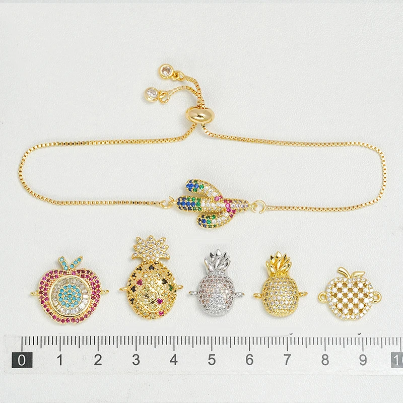 2 Pcs Fruit Connector Diy Jewelry Bracelet Necklace Making Accessories Apple Pineapple Cactus Inlay Colorful Zircon Brass Parts
