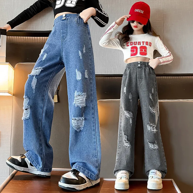 Elegant School Girl Ripped Jeans for Children Vintage Straight Denim Pants With Holes Teenager Casual Destroyed Jeans Trousers