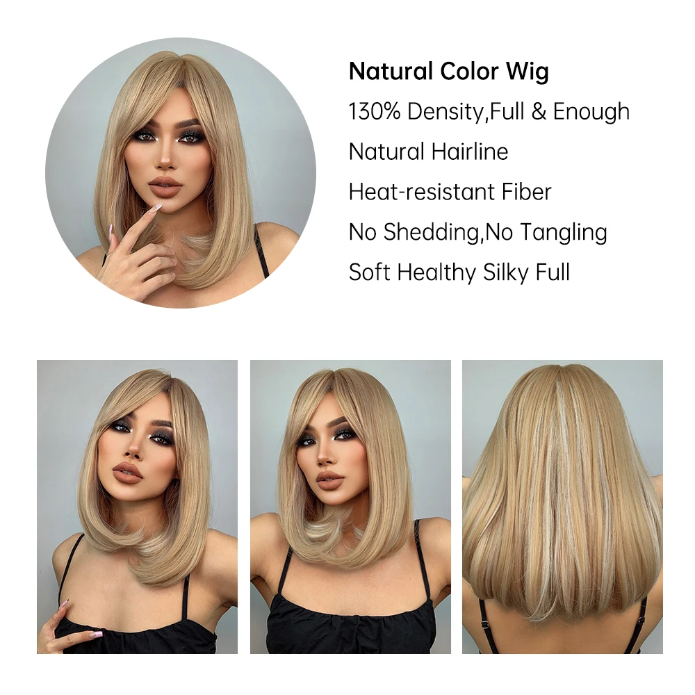 HENRY MARGU Ombre White Blonde Bob Synthetic Wig with Bang Natural Straight Hair Wig for Women Heat Resistant Cosplay Lolita Wig