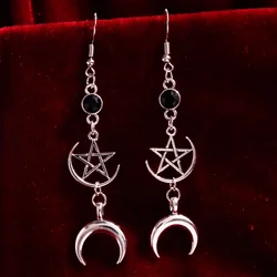 HUANZHI Gothic Star Moon Drop Earring Punk Y2K Silver Color Party Tassel Pendant Jewelry for Women Men 2023 New Trendy