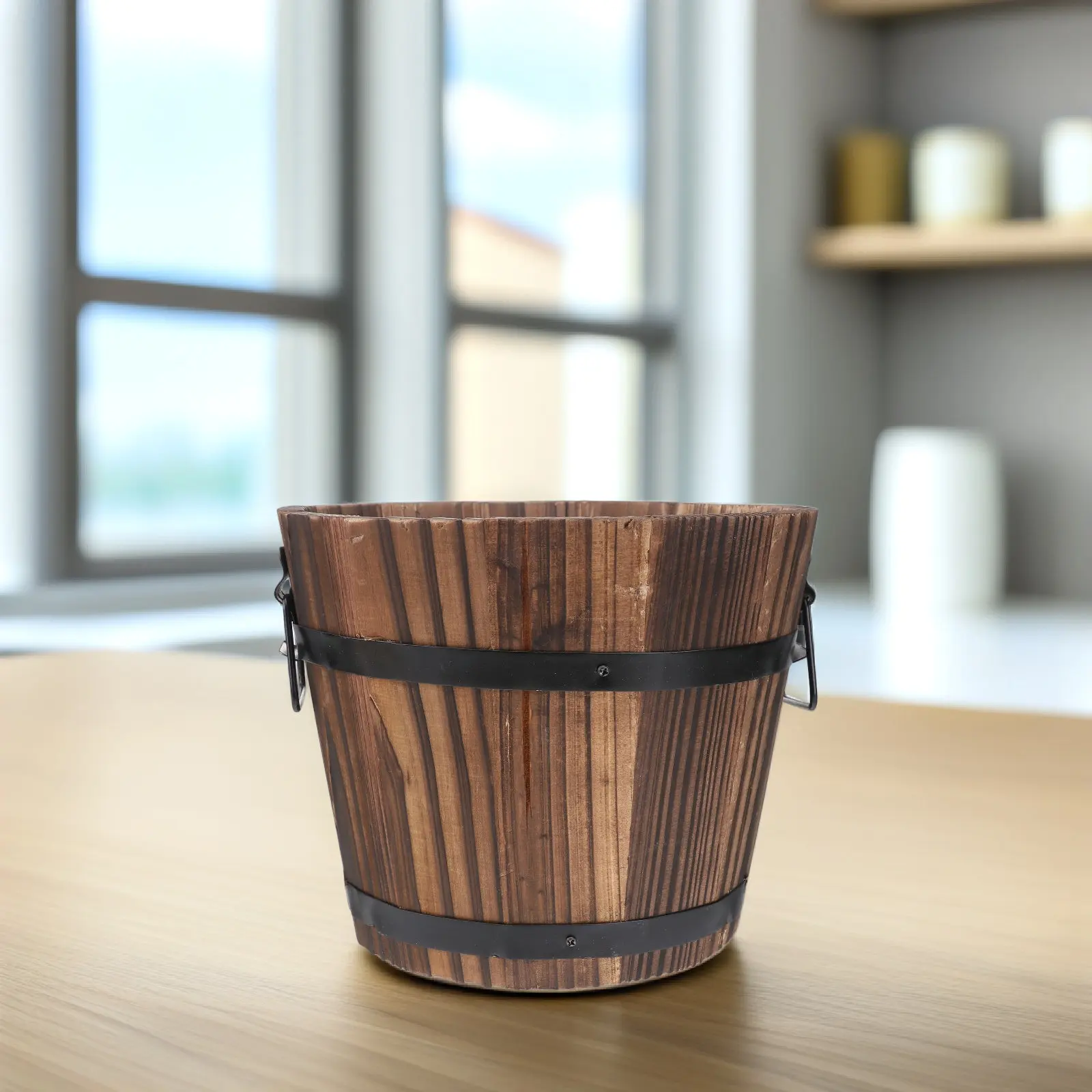 Wooden Round Barrel Large Brown Planter Flat Mouth Eco-Friendly Flower Pot Home Garden Office Rustic Bucket Wooden Bucket