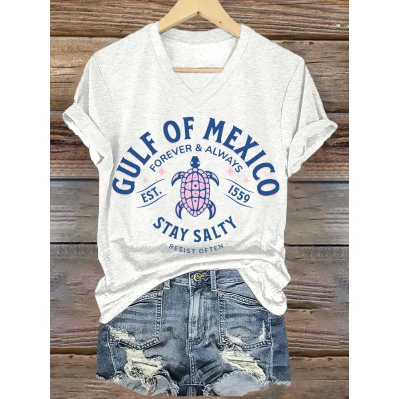 Women's Gulf of Mexico Turtle Print T-Shirts Summer Casual Short Sleeve V Neck Tops