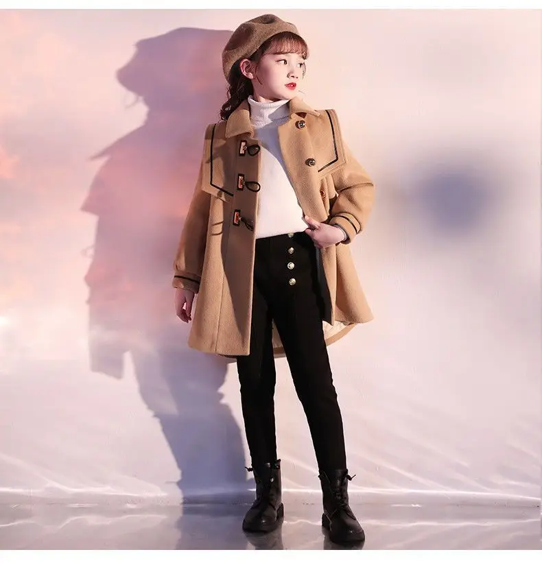 England Style Fashion Red Girls Coats Woolen Jacket Long Coats Thick Wool Coat Girl Winter Clothes for Girls New Year Clothes