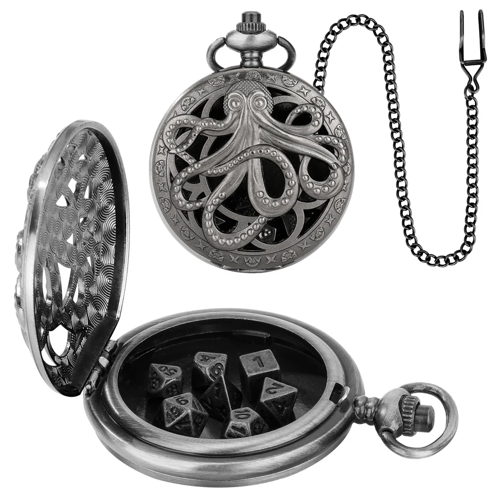 Retro Octopus Hollow Out Pocket Watch Case with Dices Bronze/Grey Black Pocket Chain Pendant Pocket Clock Case