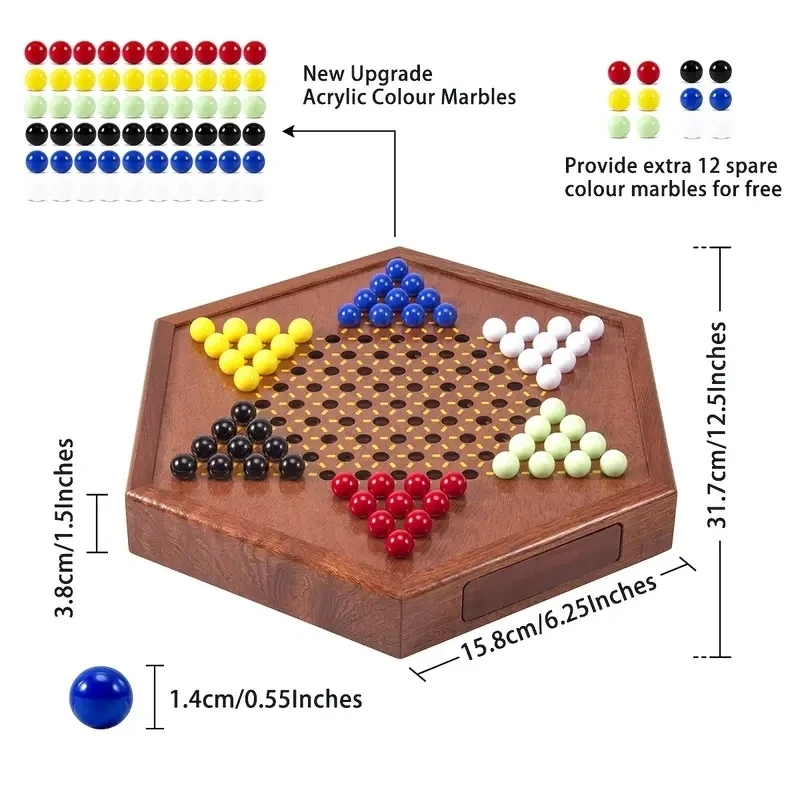 1 Deluxe Wooden Trumpet 12.5-inch Hexagonal Checkers 72 Acrylic Pieces Family Strategy Game Entertainment