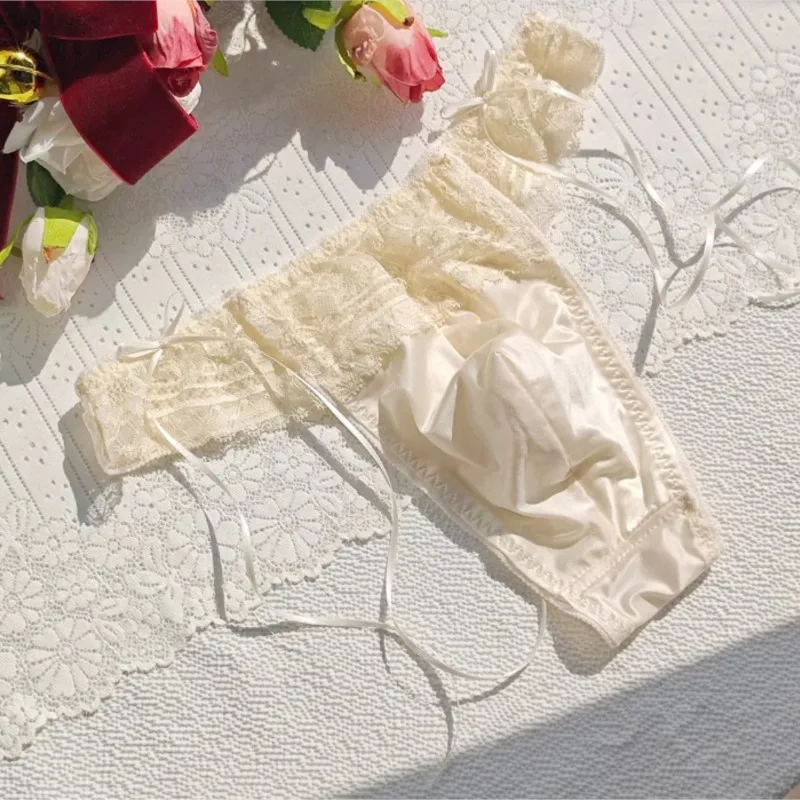 Men's Sexy Lace T-back Underwear Low Waist Bow Ice Silk G-string Sissy Lingerie Convex Pouch Party Thong Panties