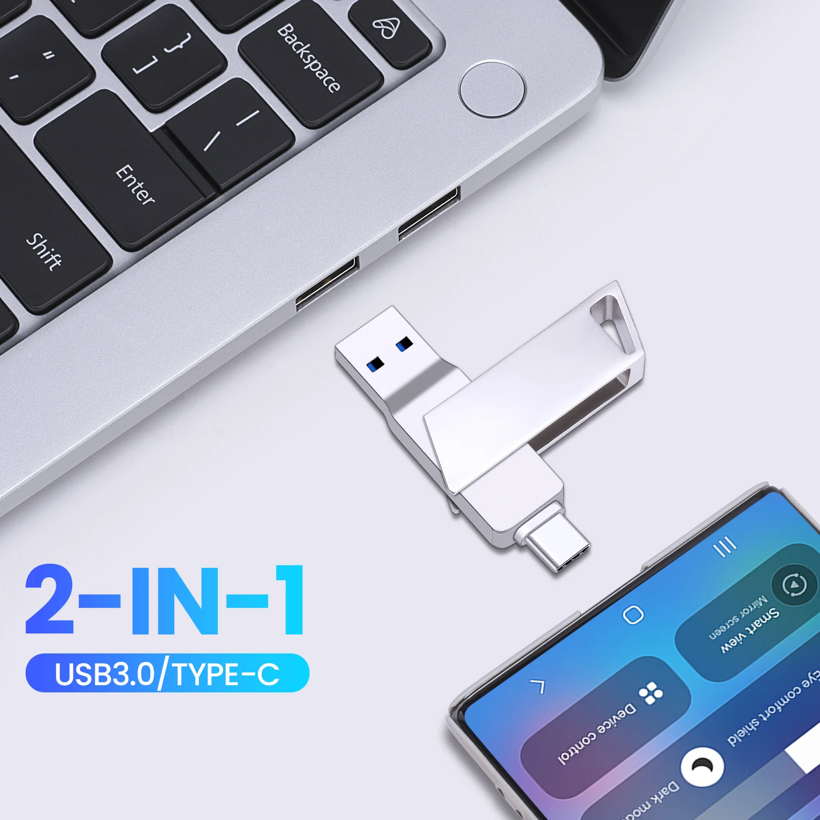محرك فلاش USB 3.0 معدني جديد قابل للدوران من النوع C سعة 32 جيجابايت للكمبيوتر والهاتف بتصميم دوار ثنائي الاستخدام ومحركات أقلام تخزين البيانات المتينة ﻿