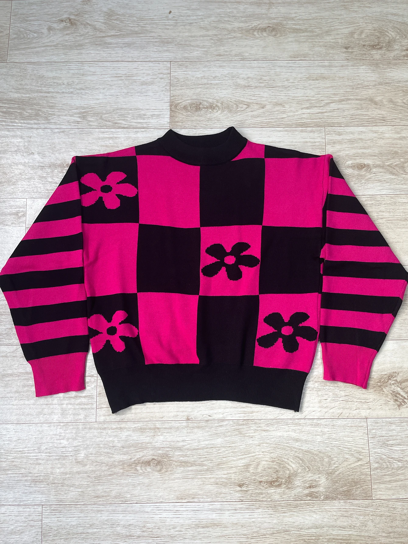 2025 Nieuwe Populaire Vintage Bloem Check Print Trui Splice Kleur Mode Harajuku Ronde Hals Hoge Kwaliteit Trui Y2k Voor Vrouwen