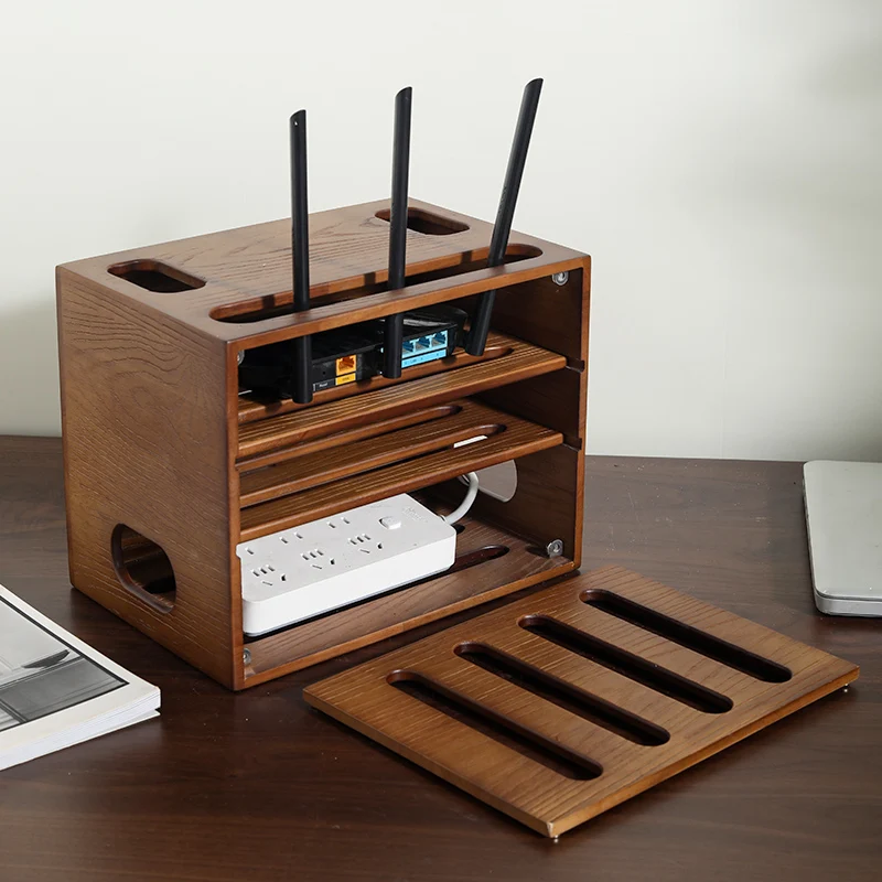 Wooden Cable Management Box Router Organizer Power Strip Concealer Home Office Set-Top Box & Data Cable Organizer