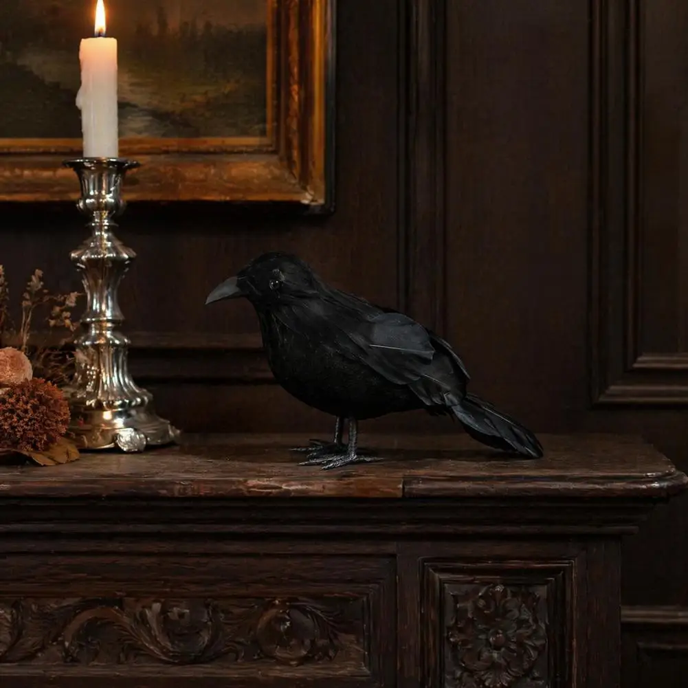 Realistic Halloween Crow Decoration Mystery Atmosphere Bird Prop Realistic Crow Figurine Feathered Raven Statue Spooky Halloween
