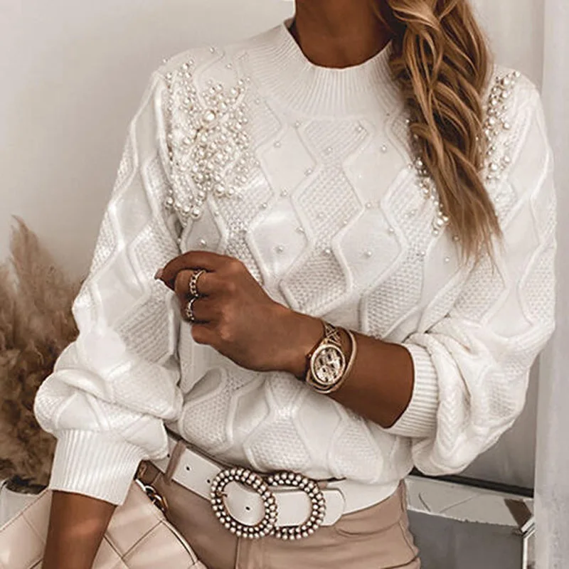 Autumn Winter Women Sweaters 0 Neck Clothing Beaded Decor Long Sleeve Cute Knitted Pullover Warm Sweater White Elegant Jumper