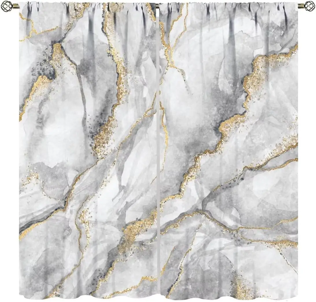 Luxury Gold Flake Grey Marble Pattern Window Curtains Watercolor Abstract Light Blocking Drapes Bedroom Minimalist Homestay
